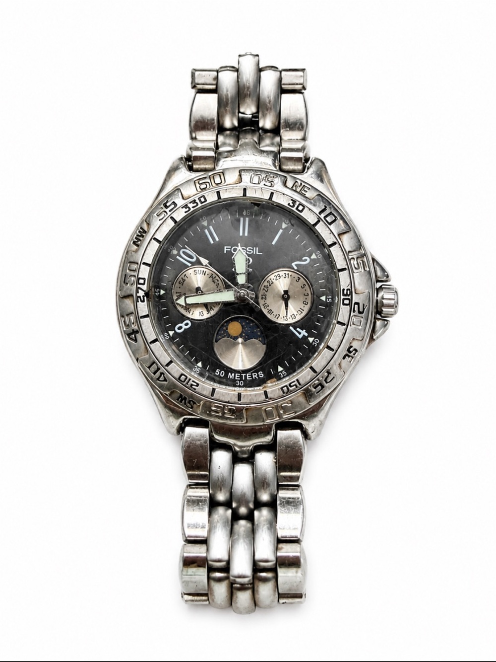 Fossil Blue Moon Phase Stainless Steel Watch BQ-8777 100M Water Resistant & Tin - Picture 2 of 7